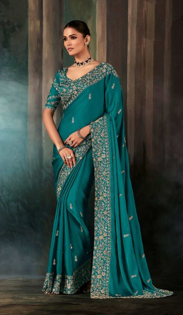 Teal Blue Georgette Embroidery Designer Saree – 214545