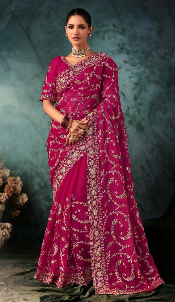 Rani Pink Georgette Embroidered Saree – 214546