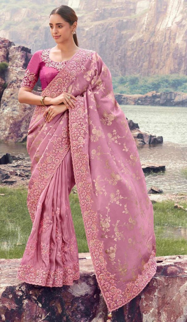 Onion Pink Pure Tissue Saree with Elegant Embroidery – 214775