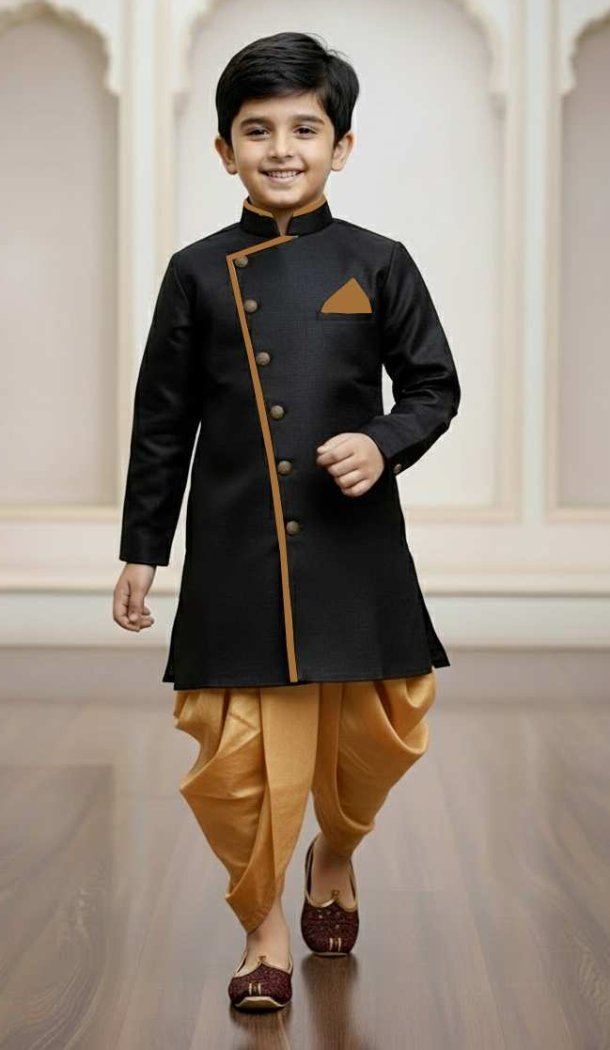 Boys Indo Western Outfit in Black Jute Silk – 215020