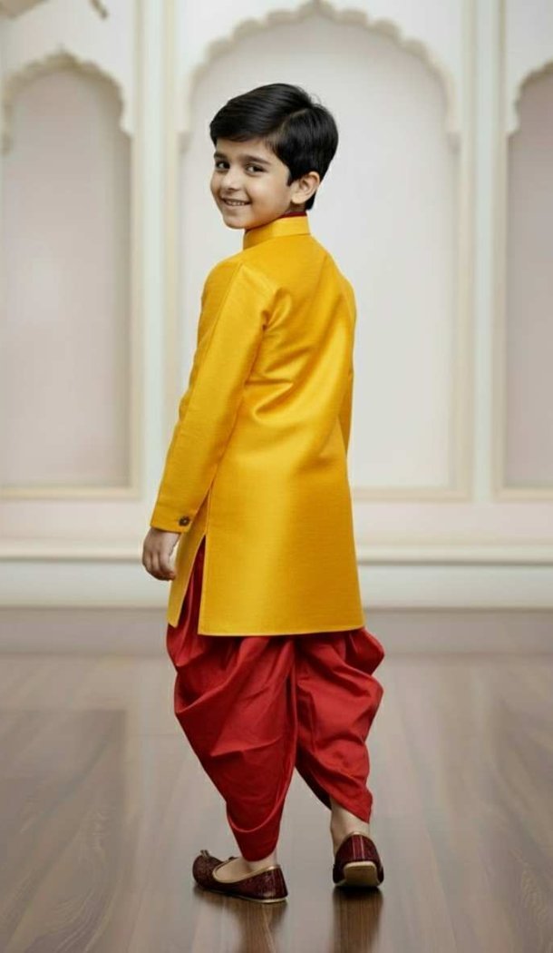 Yellow Jute Silk Indo Western Outfit for Boys – 215023