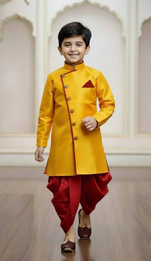 Yellow Jute Silk Indo Western Outfit for Boys – 215023