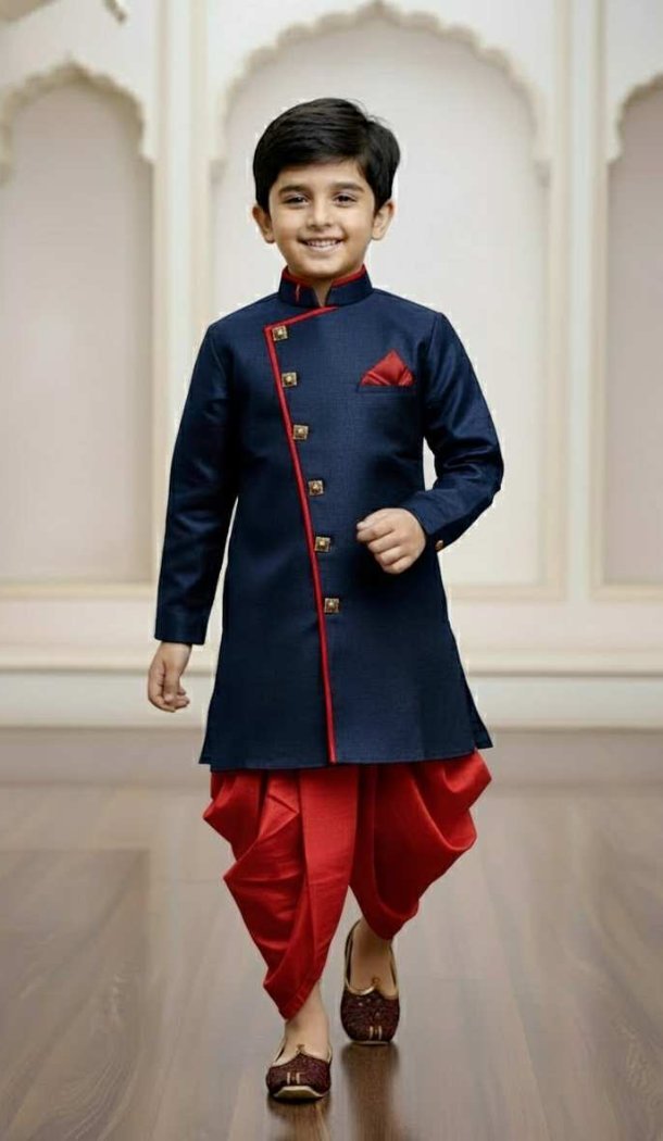 Navy Blue Boys Indo Western in Jute Silk – 215024