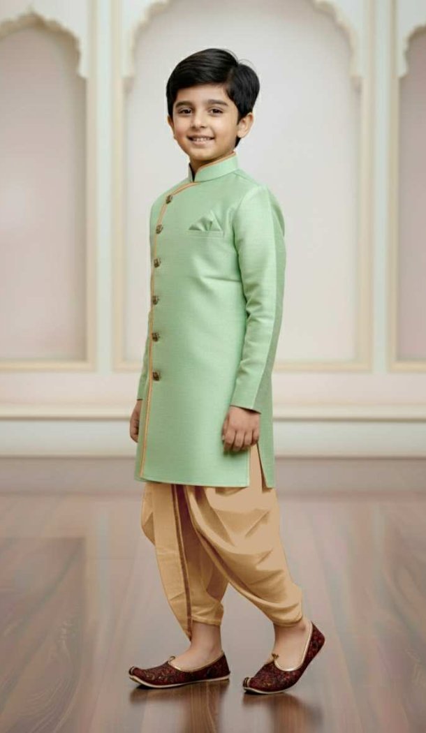 Green Jute Silk Boys Indo Western Outfit – 215026