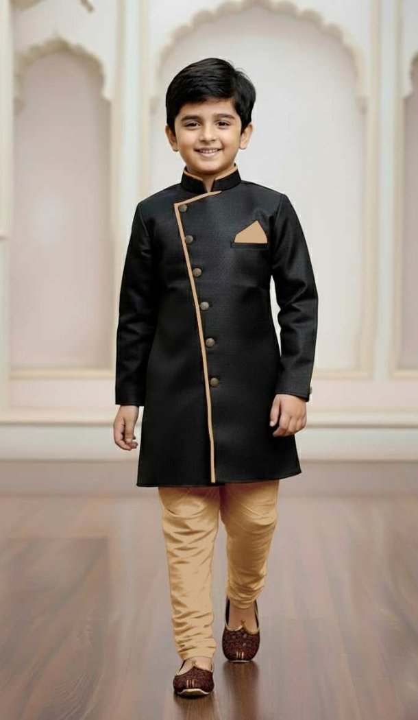 Boys Black Indo Western in Jute Silk – 215027