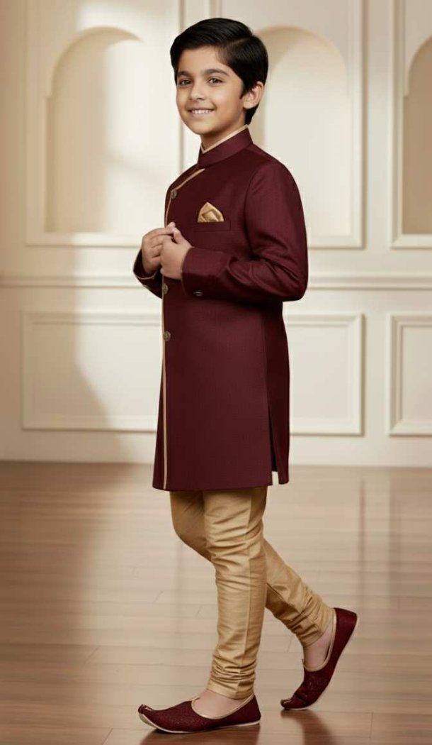 Deep Maroon Jute Silk Boys Indo Western Outfit – 215028