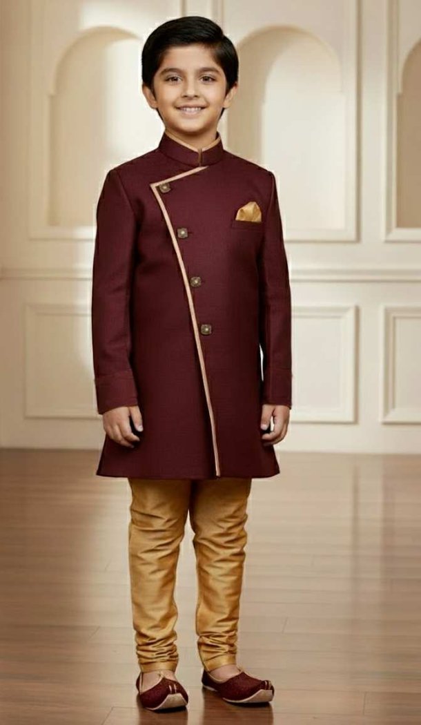 Deep Maroon Jute Silk Boys Indo Western Outfit – 215028