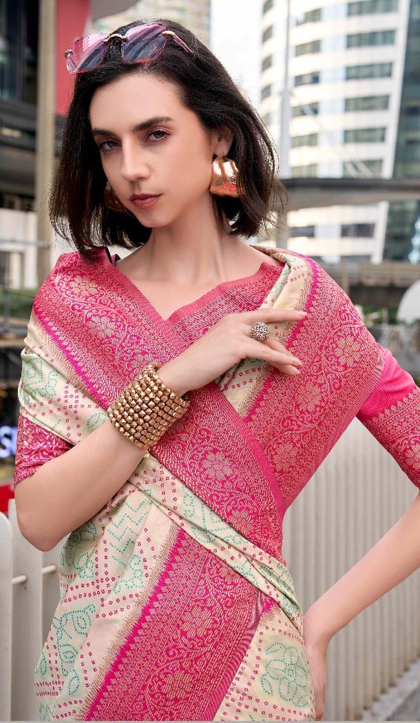 Shop Cream Bandhani Soft Silk Plus Size Saree Online – 215129