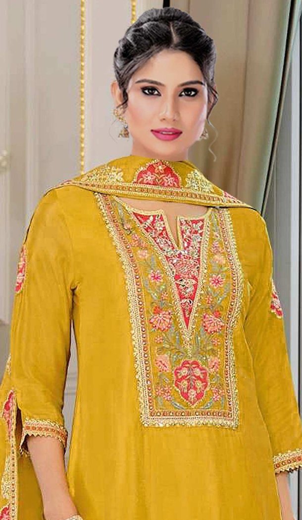 Yellow Chinon Embroidery Zari Pakistani Suit – 215267