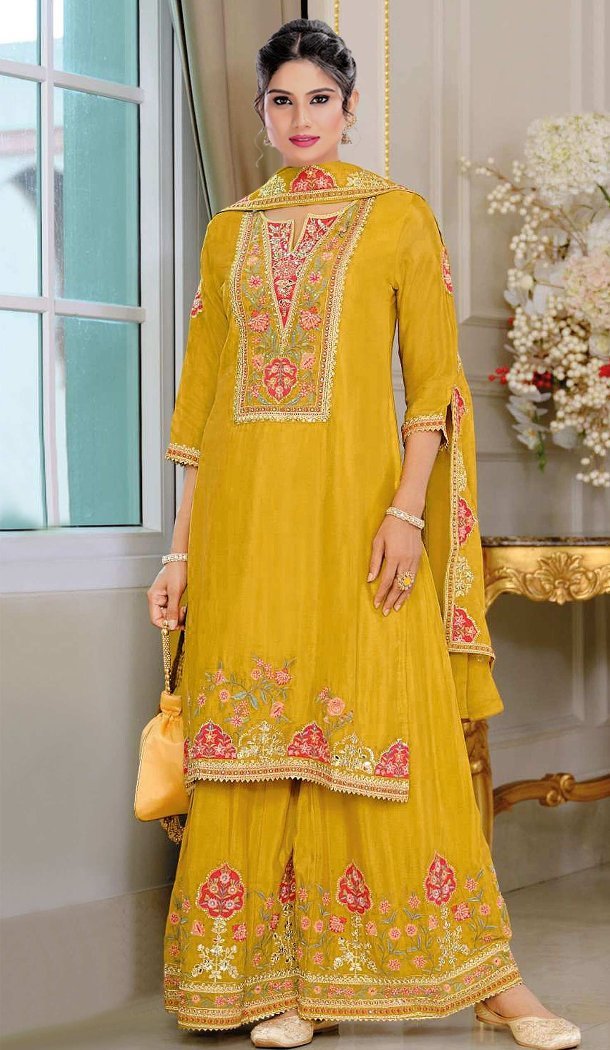 Yellow Chinon Embroidery Zari Pakistani Suit – 215267