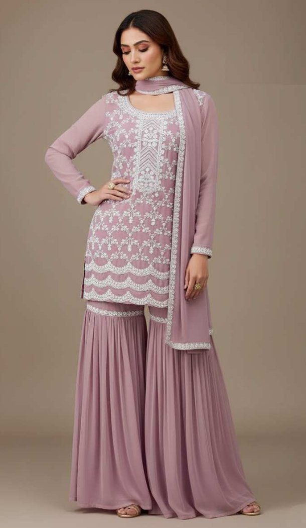 Pink Georgette Embroidery Zari Sharara Suit – 215406