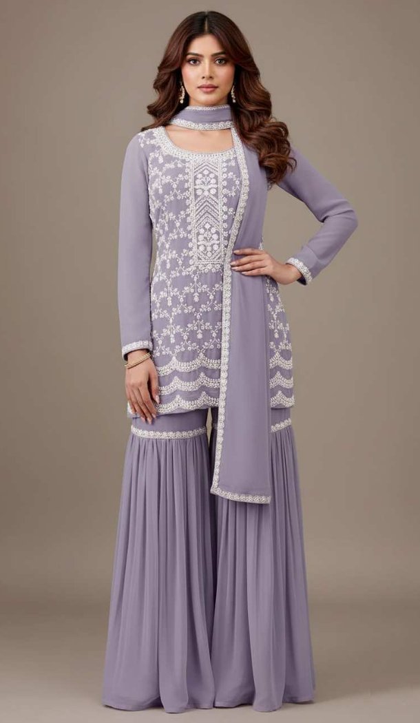 Purple Georgette Zari Embroidery Sharara Suit – 215407