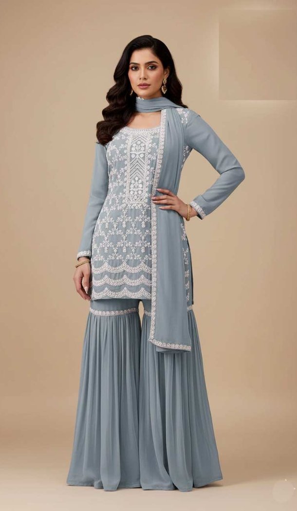 Grey Georgette Zari Work Sharara Suit – 215409