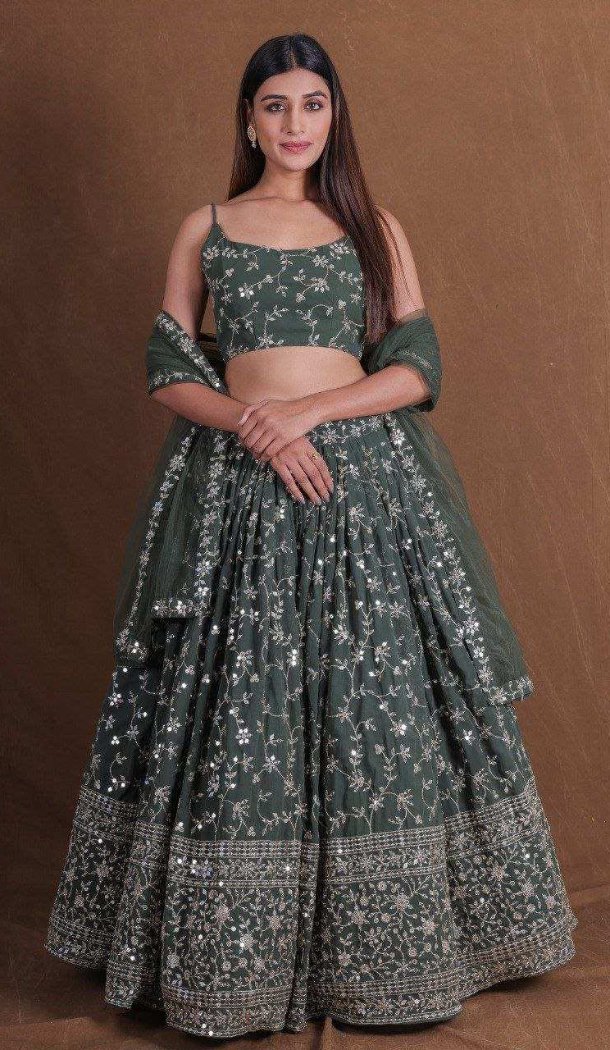 Mehendi Green Georgette Zari Sequin Lehenga Choli - 215452