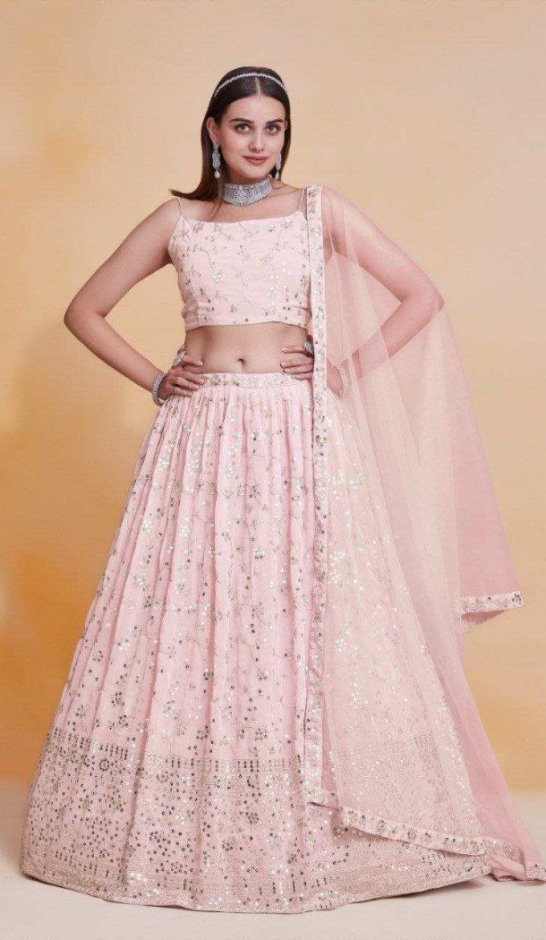 Pink Zari Georgette Party Wear Lehenga Choli - 215453
