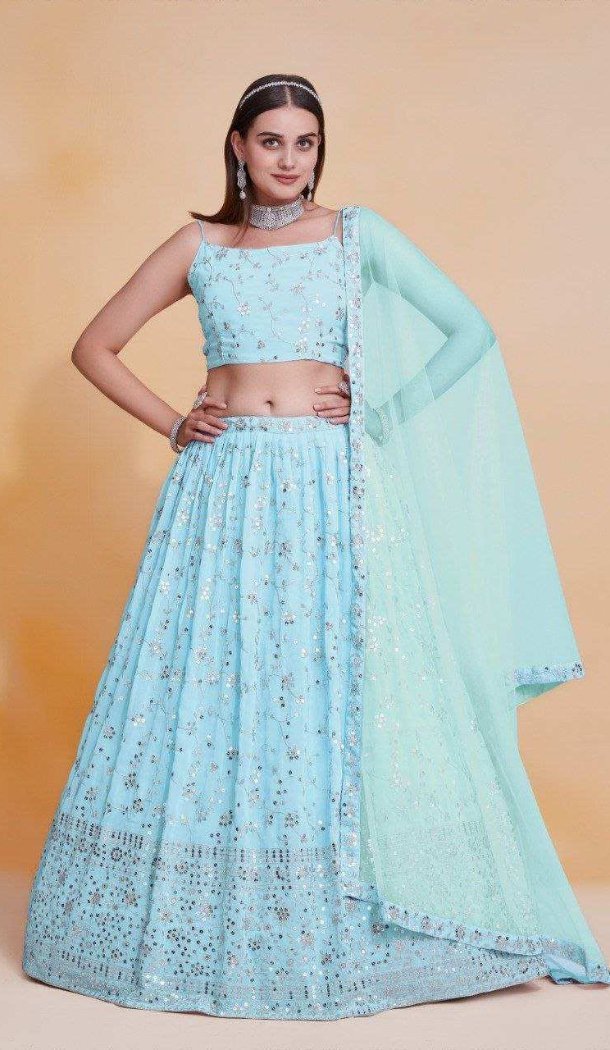 Sky Blue Sequin Zari Lehenga Choli - 215454