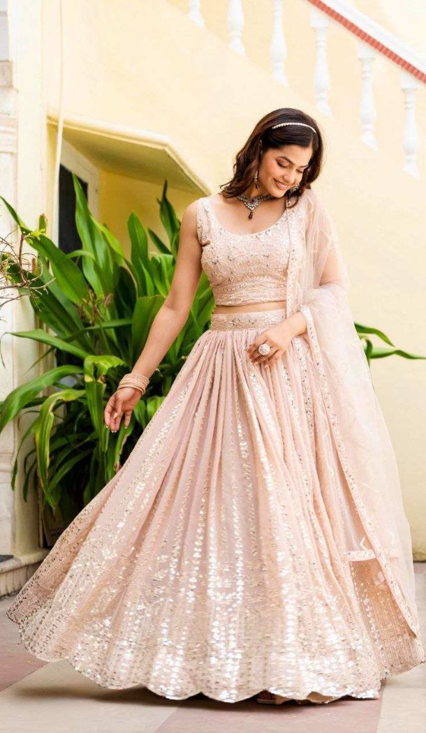 Peach Faux Georgette Embroidery Lehenga Choli - 215455