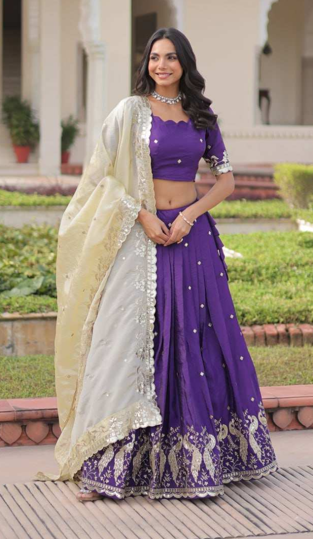 Purple Zari Sequin Gold Crush Silk Lehenga Choli - 215687