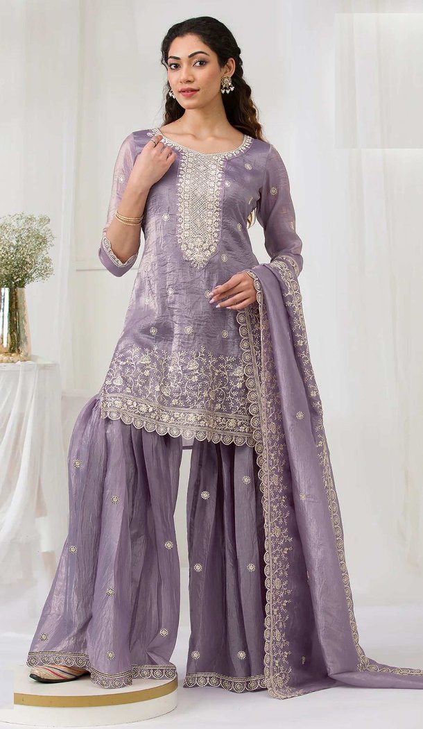 Purple Embroidered Gold Crush Sharara Suit – 215725