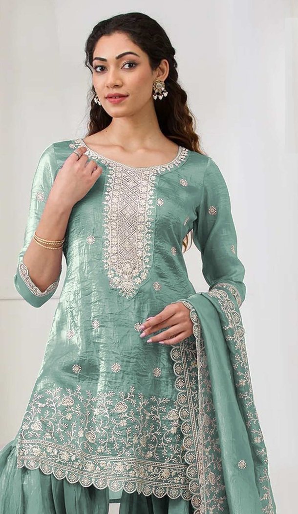 Sky Blue Sharara Suit with Zari Embroidery – 215726