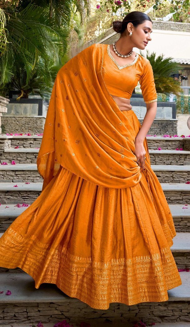 Orange Chanderi Lehenga Choli with Zari Weaving Work - 215847