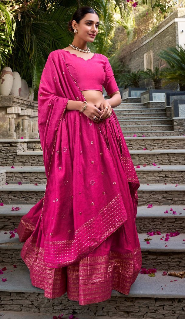 Pink Pure Chanderi Lehenga Zari Work Choli Set - 215848