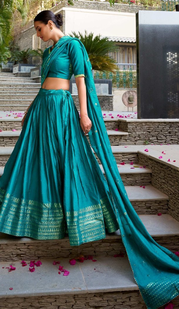 Blue Chanderi Lehenga Choli Zari Weaving Design - 215849