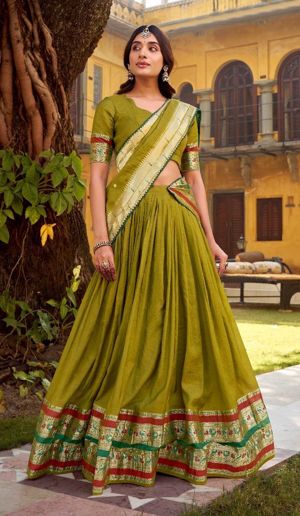 Mehendi Green Chanderi Lehenga Choli with Zari Work - 216051