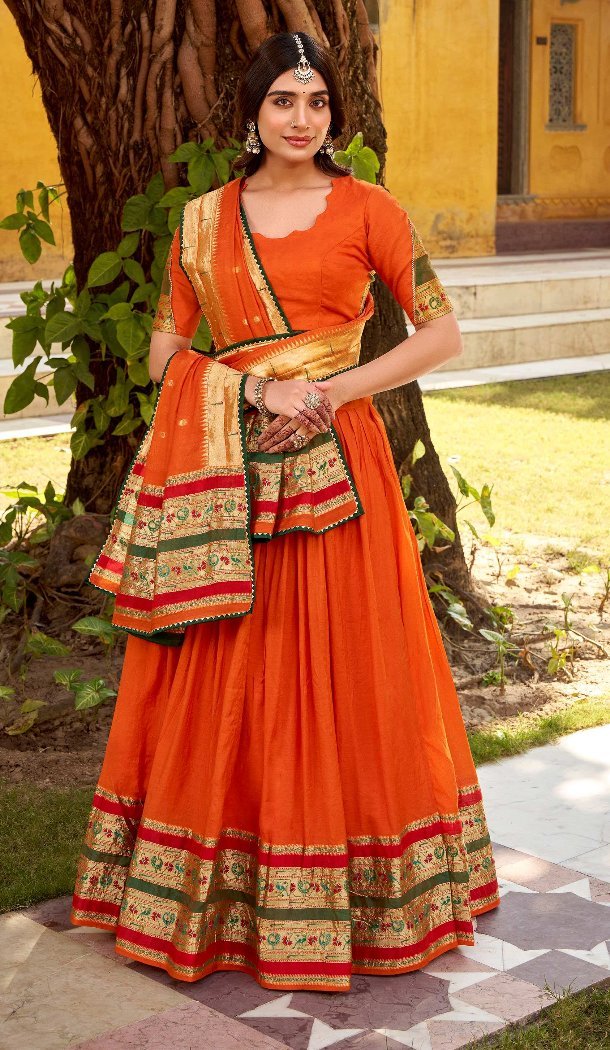 Orange Chanderi Lehenga Choli with Zari Work - 216053