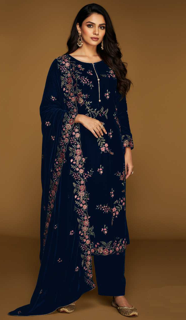 Buy Navy Blue Velvet Pakistani Suit Plus Size - 216077
