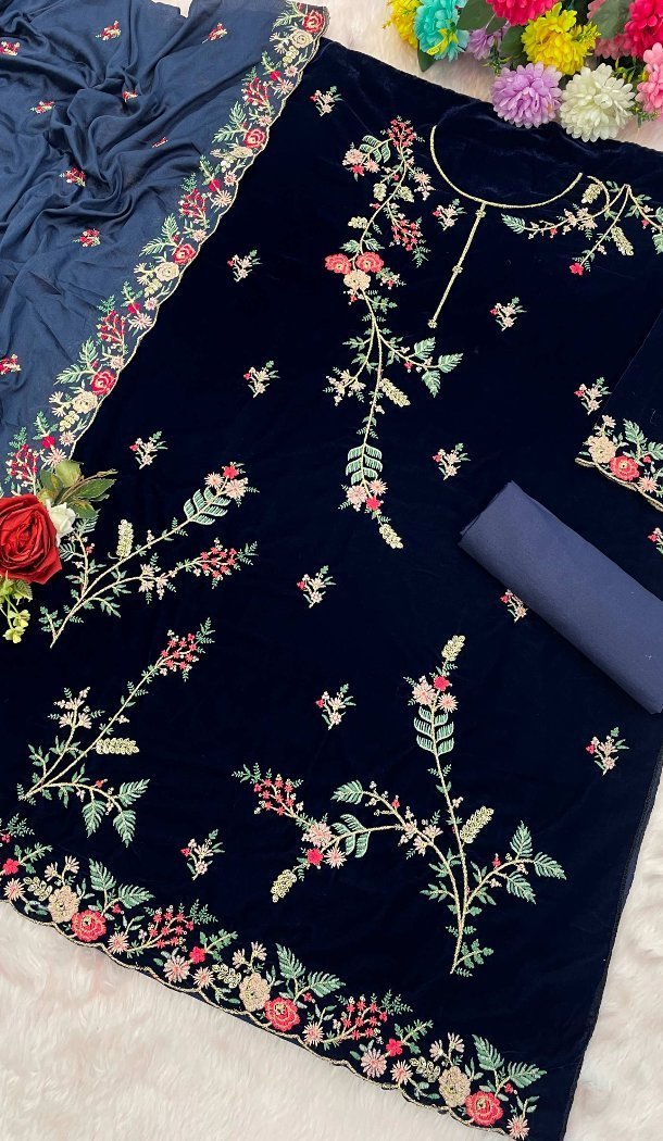 Buy Navy Blue Velvet Pakistani Suit Plus Size - 216077