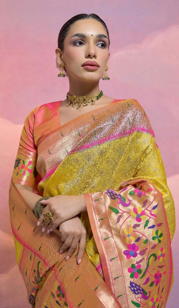 Yellow Banarasi Silk Saree with Kanjivaram Work 216169