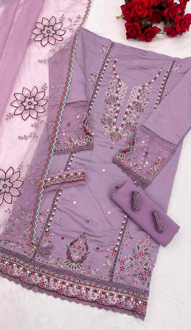Purple Pakistani Suit in Cotton with Embroidery – 216172