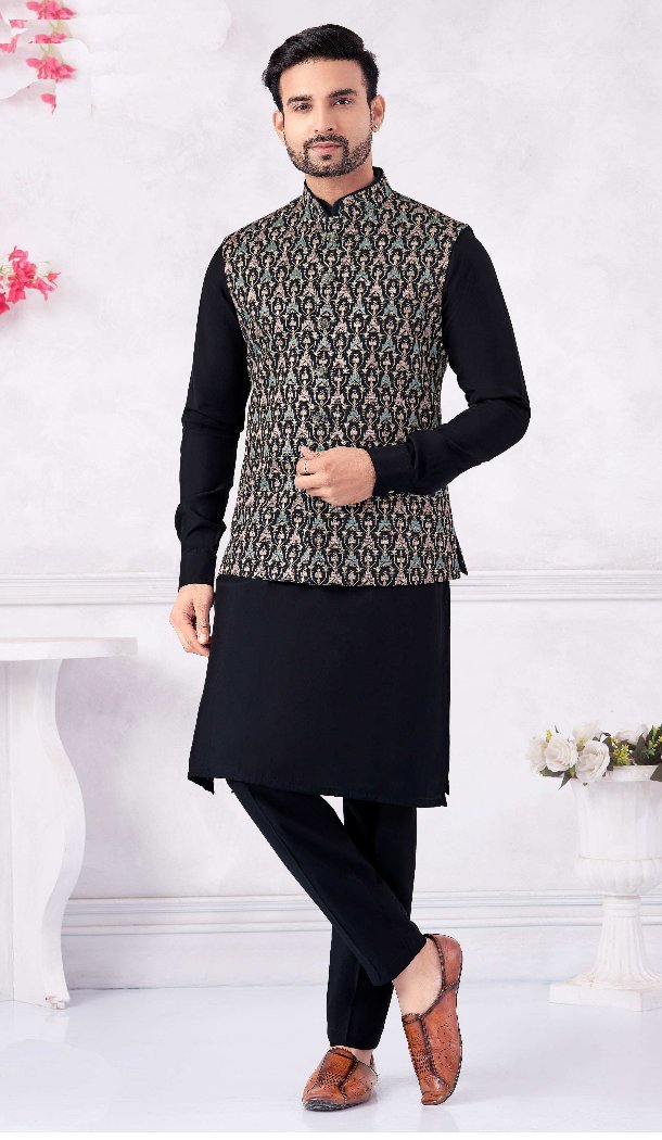 Navy Blue Kurta Pajama in Banarasi Silk for Men – 216388