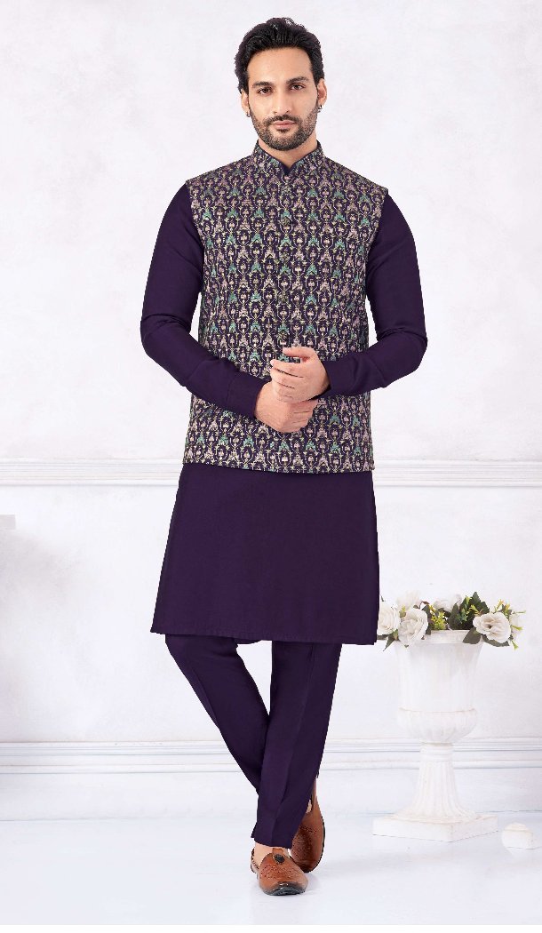 Purple Banarasi Silk Kurta Pajama for Men – 216389