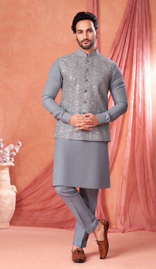 Men’s Ice Blue Banarasi Silk Kurta Pajama Set – 216390