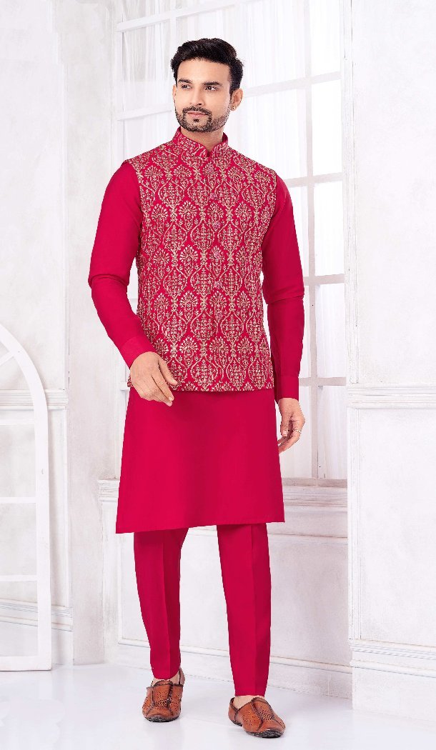 Hot Pink Banarasi Silk Kurta Pajama Set – 216393