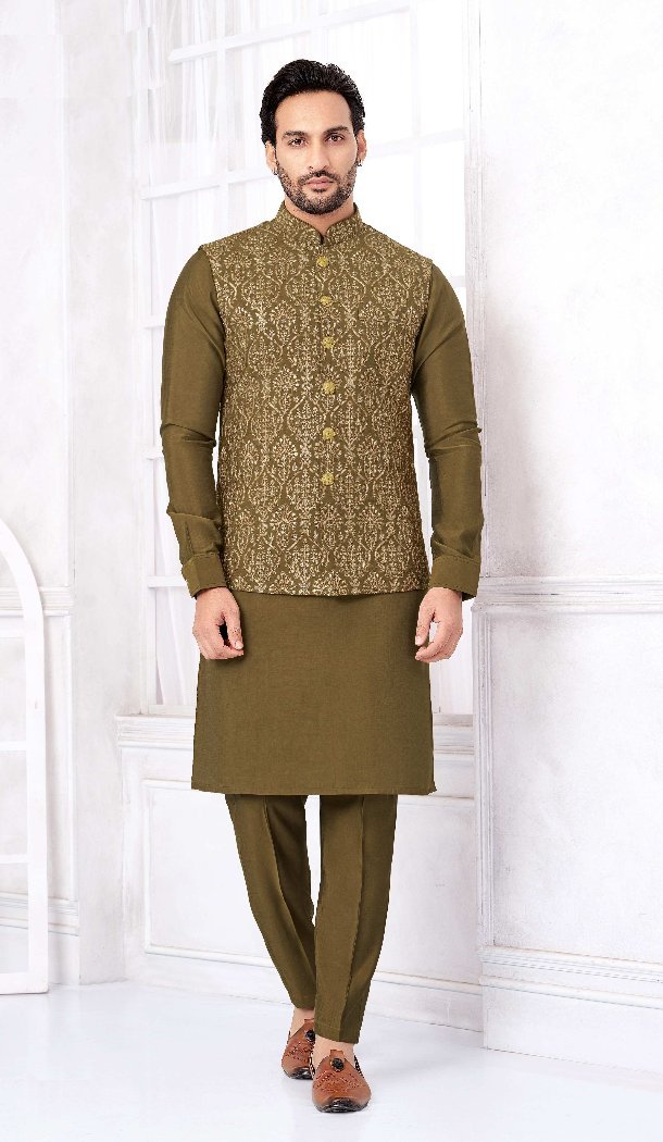 Mehendi Green Banarasi Silk Kurta Pajama for Men – 216395