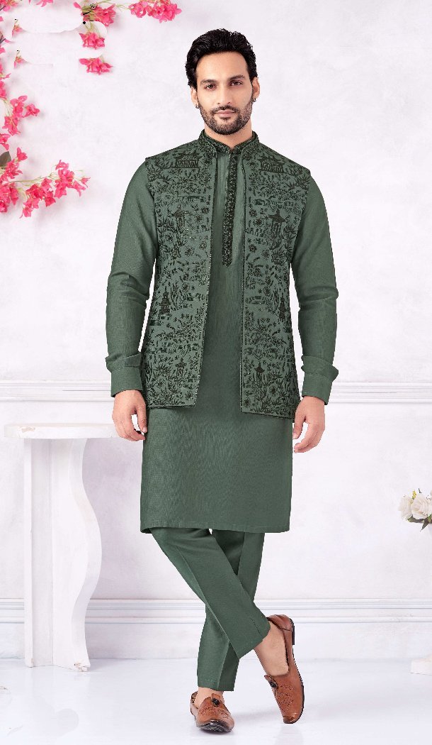 Green Banarasi Silk Kurta Pajama Set – 216397