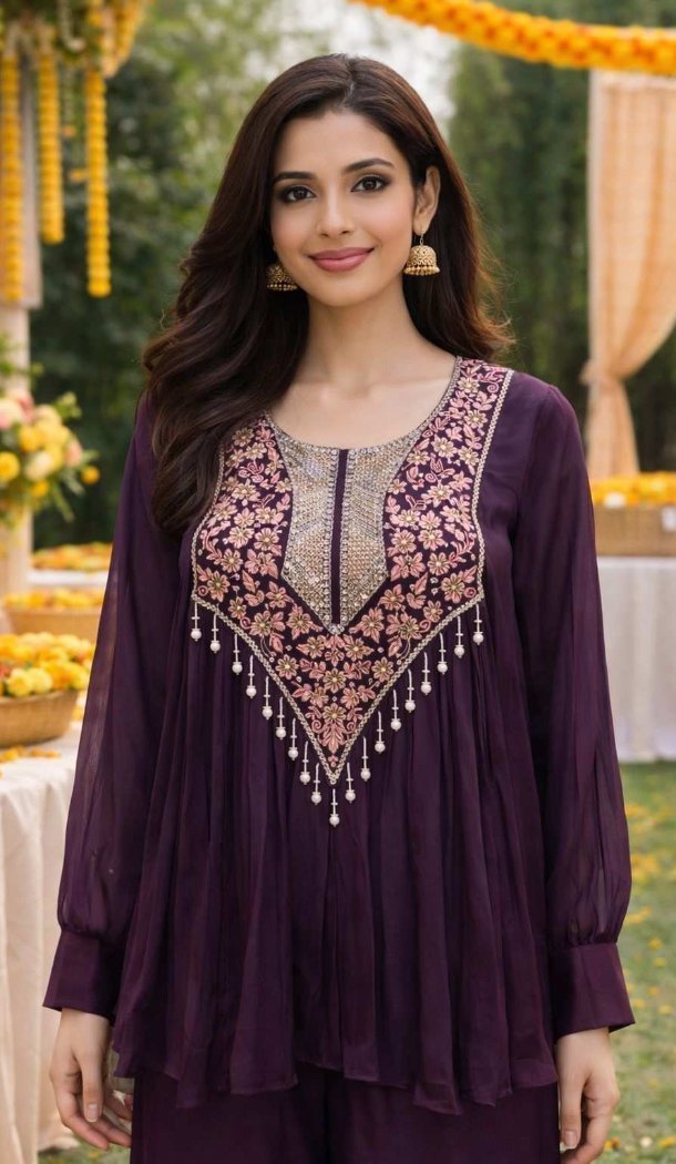 Wine Embroidered Viscose Chinon Palazzo Suit – 216526