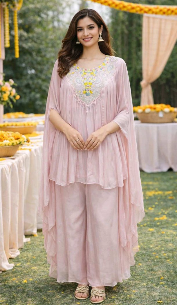 Light Pink Embroidered Viscose Chinon Palazzo Suit – 216529