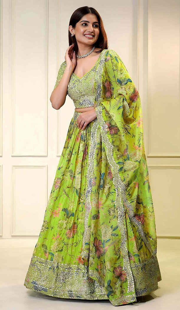 Neon Floral Print Organza Lehenga Choli Embroidered – 216673