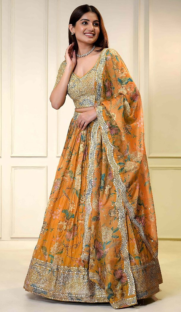 Orange Floral Embroidered Organza Lehenga Choli – 216674