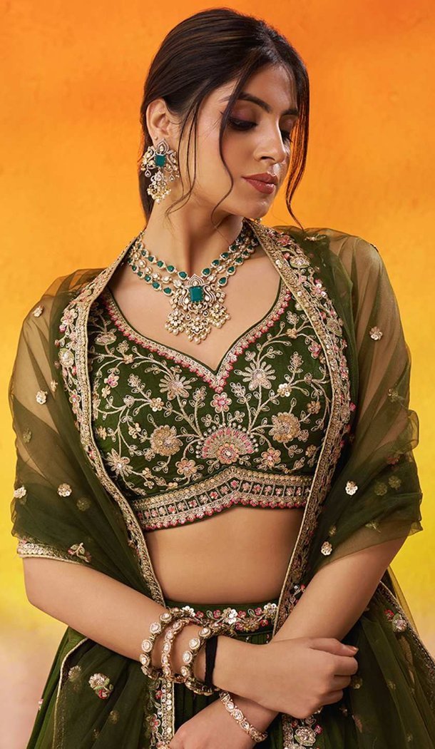 Olive Georgette Lehenga Choli with Designer Embroidery – 216697