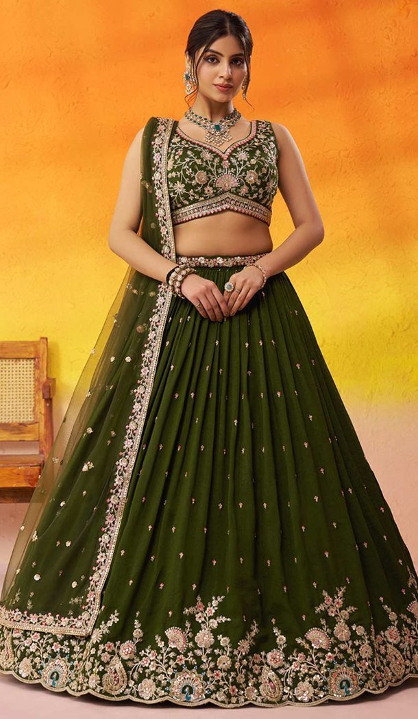 Shop Olive Georgette Designer Lehenga Choli in Plus Size - 216697