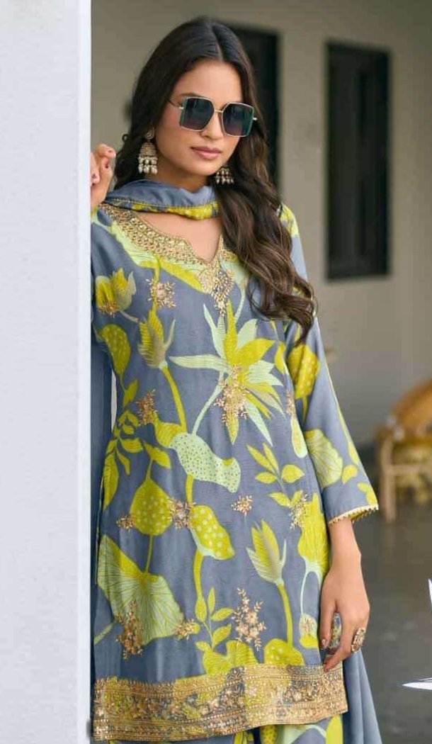 Buy Multi Chinon Embroidered Palazzo Suit in Plus Size - 216735