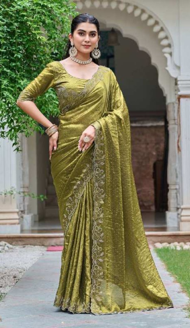 Mehendi Green Diamond Work Fendy Silk Saree – 216897