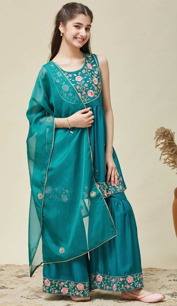 Blue Embroidered Silk Blend Salwar Suit for Girls - 216998