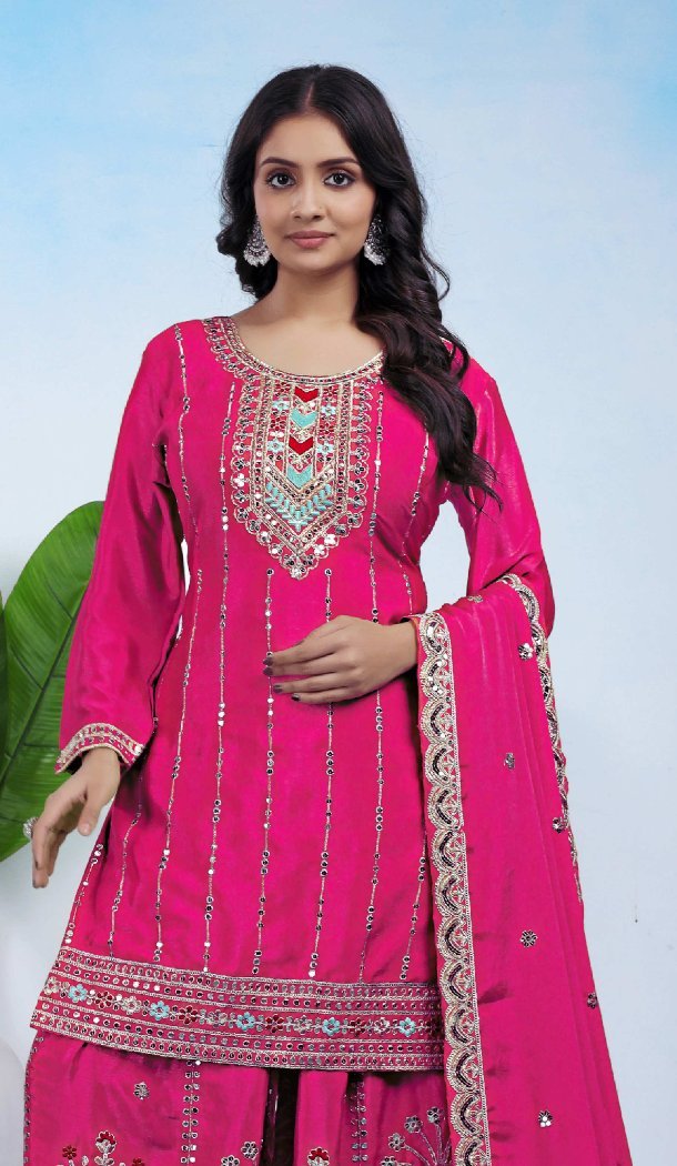 Pink Chinon Palazzo Suit with Embroidery Work for Women - 217146