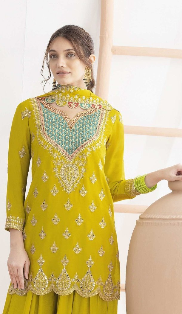 Women Yellow Party Wear Chinon Salwar Suit - 217226